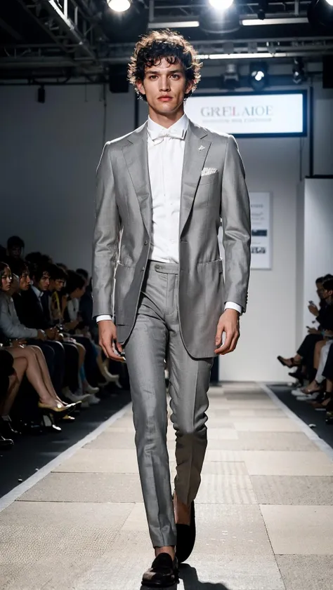 vetsuiteghi, (grey coat), 1boy , boy handsome, Haute_Couture, wearing Haute_Couture, posing for a picture, fashion show, Long shaped face, angry, crazy, dark red eyes, short hair, catwalk \(walkway\), , colorful, vivid colors, masterpiece, best quality, absurdres, highest quality, amazing details, 8k, aesthetic <lora:vetsuiteghi_greyjacket_SDLife_Chiasedamme_V10:0.85:MIDD>
