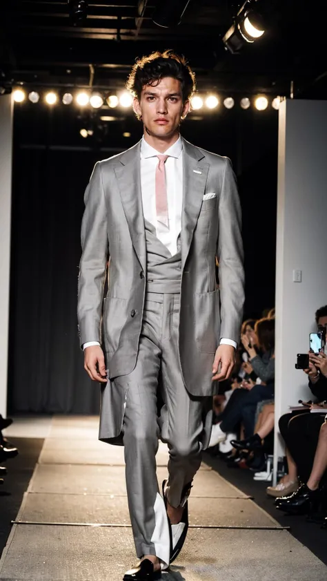 vetsuiteghi, (grey coat), 1boy , boy handsome, Haute_Couture, wearing Haute_Couture, posing for a picture, fashion show, Long shaped face, angry, crazy, dark red eyes, short hair, catwalk \(walkway\), , colorful, vivid colors, masterpiece, best quality, absurdres, highest quality, amazing details, 8k, aesthetic <lora:vetsuiteghi_greyjacket_SDLife_Chiasedamme_V10:0.85:MIDD>
