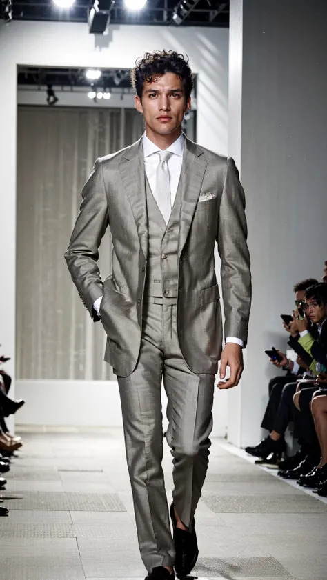 vetsuiteghi, (grey coat), 1boy , boy handsome, Haute_Couture, wearing Haute_Couture, posing for a picture, fashion show, Long shaped face, angry, crazy, dark red eyes, short hair, catwalk \(walkway\), , colorful, vivid colors, masterpiece, best quality, absurdres, highest quality, amazing details, 8k, aesthetic <lora:vetsuiteghi_greyjacket_SDLife_Chiasedamme_V10:0.85>