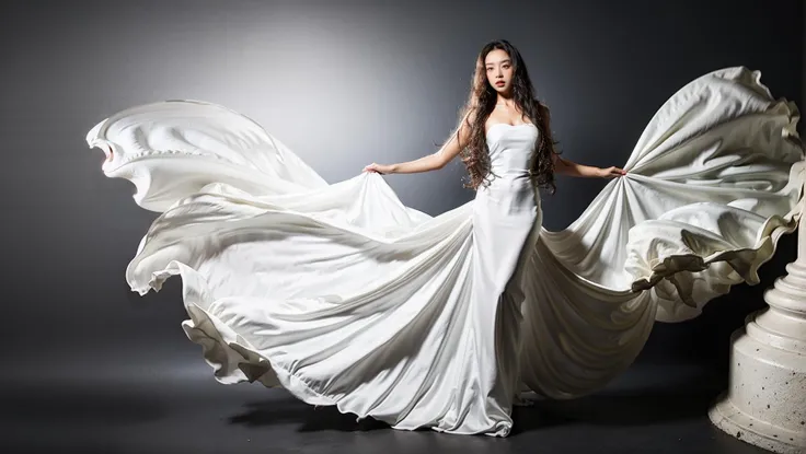 dressart, white dress, floating hair, (floating dress:1.4), (photo art), 1girl, Stunningly Beautiful Girl, Haute_Couture, designer dress, wearing Haute_Couture, posing for a picture, fashion show, Long shaped face, angry, crazy, dark red eyes, Sandy Blonde side-swept hair, short hair, long ringlets, catwalk \(walkway\), , colorful, vivid colors, masterpiece, best quality, absurdres, highest quality, amazing details, 8k, aesthetic, <lora:dressart_SDLife_Chiasedamme_v1.0:0.88>