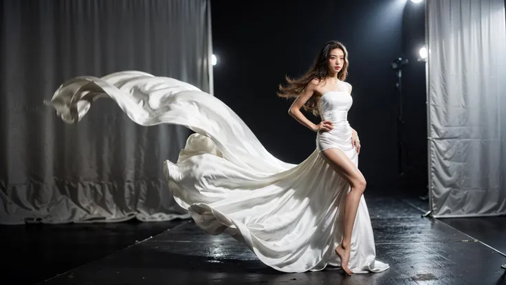 dressart, white dress, floating hair, (floating dress:1.4), (photo art), 1girl, Stunningly Beautiful Girl, Haute_Couture, designer dress, wearing Haute_Couture, posing for a picture, fashion show, Long shaped face, angry, crazy, dark red eyes, Sandy Blonde side-swept hair, short hair, long ringlets, catwalk \(walkway\),  , colorful, vivid colors, masterpiece, best quality, absurdres, highest quality, amazing details, 8k, aesthetic,   <lora:dressart_SDLife_Chiasedamme_v1.0:0.88>