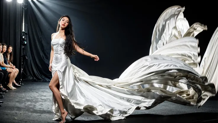 dressart, white dress, floating hair, (floating dress:1.4), (photo art), 1girl, Stunningly Beautiful Girl, Haute_Couture, designer dress, wearing Haute_Couture, posing for a picture, fashion show, Long shaped face, angry, crazy, dark red eyes, Sandy Blonde side-swept hair, short hair, long ringlets, catwalk \(walkway\), , colorful, vivid colors, masterpiece, best quality, absurdres, highest quality, amazing details, 8k, aesthetic, <lora:dressart_SDLife_Chiasedamme_v1.0:0.74> <lora:add_detail:0.25> <lora:more_details:0.25>