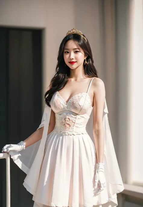 NaEun,solo,black and brown hair,two toned hair,getting married to her long love Steve,at the Lotte Tower in Lotte World Park,surrounded by their friends and family,wearing a (Vera Wang Wedding Dress, white lace cape, white lace short skirt, white corset, white bustier, white lace-trimmed_legwear, white high_heels, white garter belt).swaying by the breeze to lift the skirt slightly up,(gold armband, lace-trimmed_gloves, gold star_earrings, golden tiara),(masterpiece, highres, highest quality, intricate detail, best texture, soft light, perfect shadow),(photographic, realism, Realistic, cinematic photo, 64K, 32K, 24K, UHD, detailed background, highest quality, illustration, cinematic light, ultra detailed, best quality, hyper detailed),(detailed face, highest details, backlighting, light rays, colorful, the most beautiful image ever seen, technique highly detailed, detailed face, moist lips, young firm breasts, makeup, light blush, pink lipstick, look at the viewer, Leica camera style, 35mm photograph, film, bokeh, award-winning, professional, highly detailed, 4k, highly detailed),(smooth skin, goosebumps:0.5, tiny nipples),(big eyes, round eyes, asymmetrical breasts and eyes),(tall, slender, glamor, skinny),(absurdres, incredibly absurdres, huge filesize, wallpaper, pixel art, realistic, photo_(medium), reality),hourglass proportions,smile,kind_smile,standing,walking,snow,<lora:NaEun-Apink:0.9>,