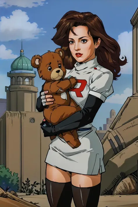 best quality, bebe neuwirth <lora:Bebe_Neuwirth_actor:0.8>, long curly hairstyle, brown hair color, cosplay_teamrocket <lora:Cosplay_TeamRocket_v2:0.7>, elbow gloves, black thigh highs, holding cute teddy bear, cradle carry, break wasteland, brown ground, <lora:breakwasteland_v0_7_dadap:0.8>, imaginary details