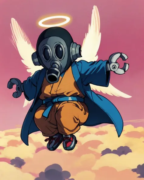toribot, humanoid robot, wrench hand, gas mask,yellow cloud,, (open kimono,white collared shirt), black shoes,flying,pants,halo, (angel wings), pink sky, (best quality, masterpiece) <lora:toriboto_v0_2_prod-000055:1> <lora:otherworld_v1:0.8>