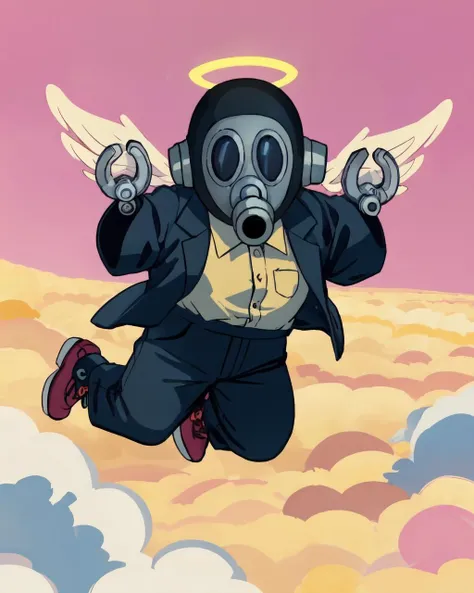 toribot, humanoid robot, wrench hand, gas mask, (open kimono,white collared shirt), black shoes,flying,pants,halo, angel wings, pink sky, yellow cloud, (best quality, masterpiece) <lora:toriboto_v0_2_prod-000055:1> <lora:otherworld_v1:0.9>