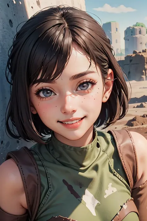 ((Tamara Taylor)), [RAW:0.5] HD photo of a stunningly beautiful woman staring through stunning eyes through you, natural skin, dirty peasant girl, [messy hair], (adorable smile: 0.8), (standing in a foggy grassy field:1.2), head:1.3, natural light, dark and cloudy day, (open, amateur:1.2), ((straight hair)), short hair, (small head) --auto --s2