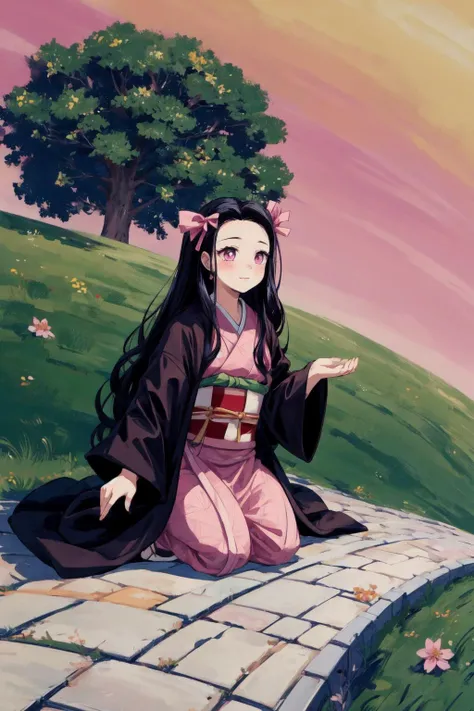 (8k, best quality, masterpiece:1.2), (finely detailed), sitting on road,on side,seiza, kamado nezuko, <lora:nezukoDemonSlayerKimetsu_offset:0.8> , 1girl,solo,female , kai planet,pink sky, pink eyes, black hair, long hair,gradient hair, hair ribbon, haori, japanese clothes, pink kimono, long hair,grass,black jacket
