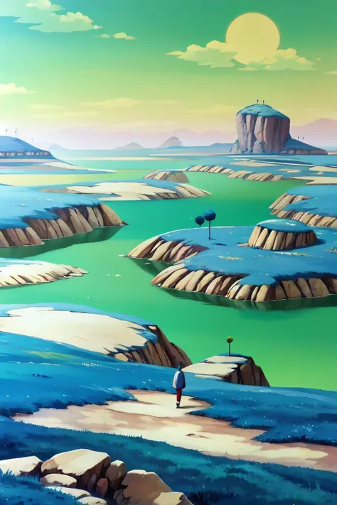 (8k, best quality, masterpiece:1.2), (finely detailed), (full body), namek,green sky,(nature), hill,tree, green grass,plateau,mountain