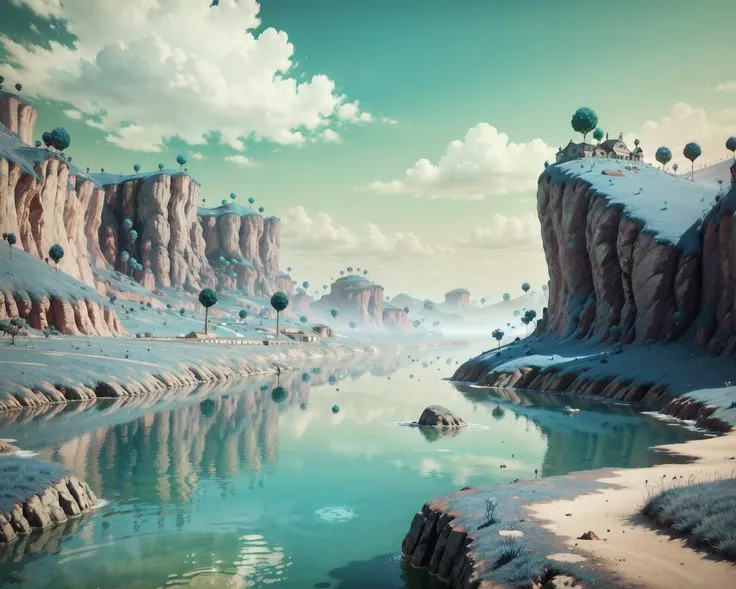 8k, best quality, masterpiece:1.2, finely detailed, realistic,intricate,namek,green sky,blue grass, tree,cloud, green water,(village),(building),no humans <lora:hipoly_3dcg_v7-epoch-000012:0.5>