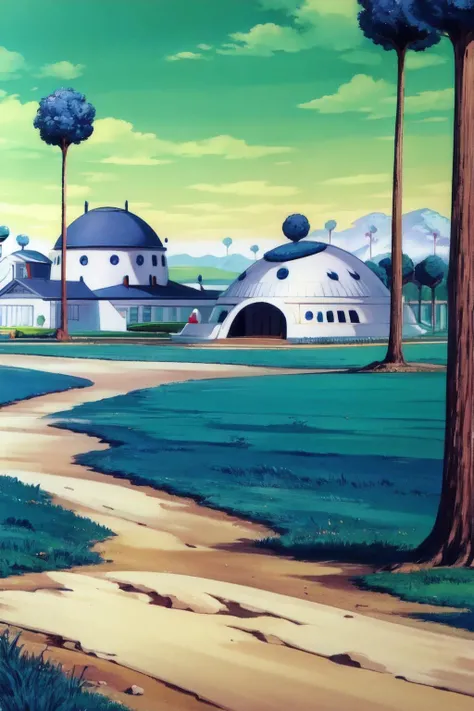 (8k, best quality, masterpiece:1.2), (finely detailed), (full body), namek,green sky,(nature), hill,tree, green grass, (building)