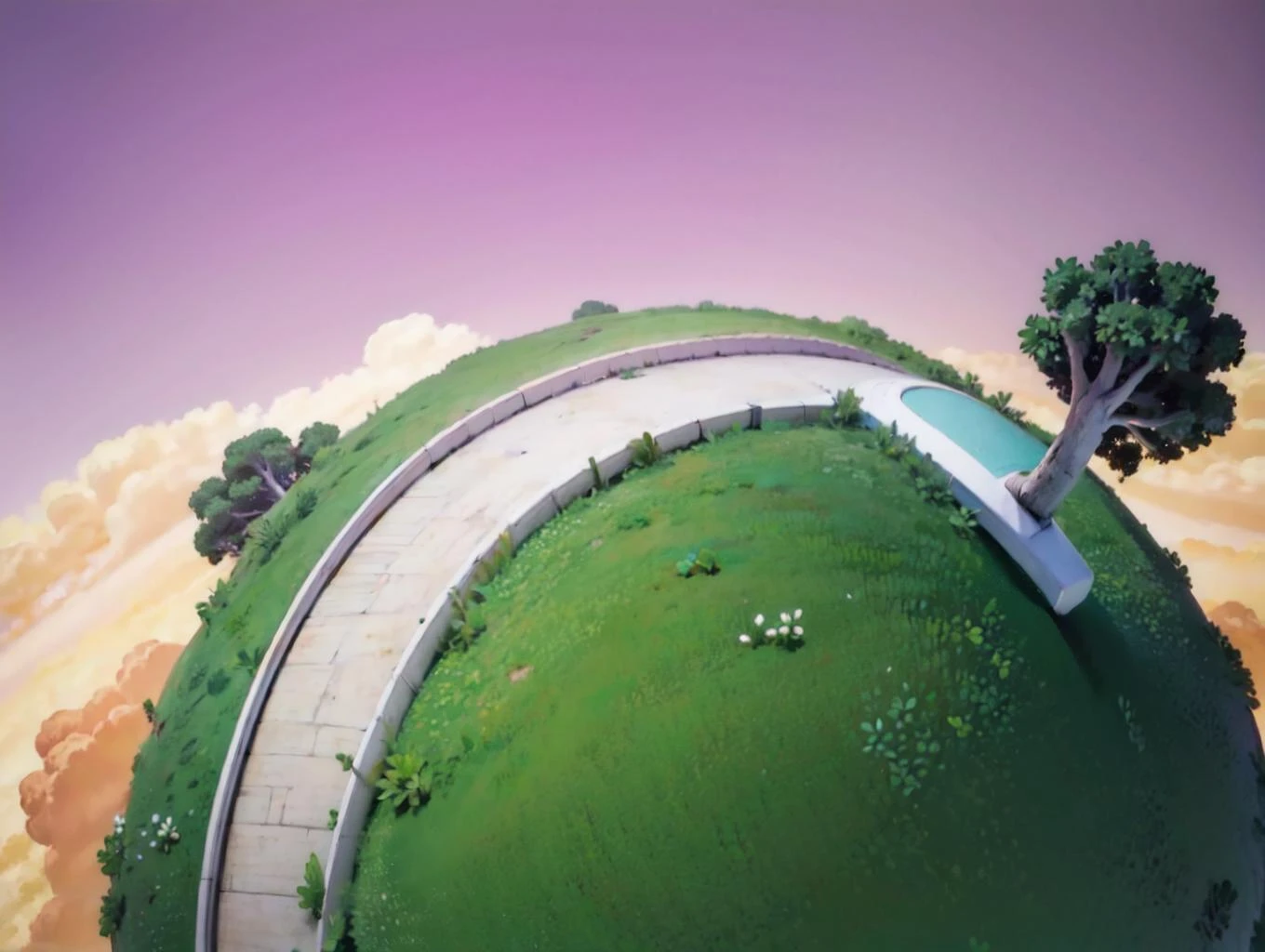 kai planet,no humans,road,grass,tree, pink sky,yellow cloud, wide shot, ( best quality, masterpiece,realistic, photorealistic) <lora:otherworld_v1:1>