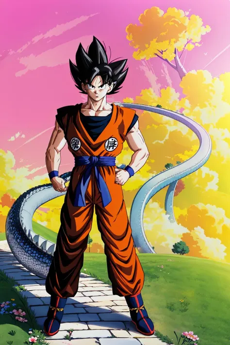 (masterpiece, best quality), intricate details,
<lora:base goku:0.8> 1boy, spiked hair, black hair, black eyes, gi, dougi,
<lora:otherworld_v1:0.8> snakeway, pink sky, road, yellow cloud, kai planet, pink sky, grass, tree, flowers