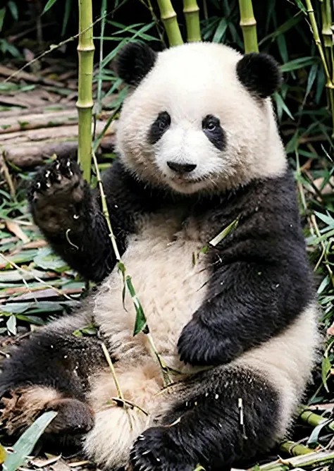 hehua,1panda,fine - art photography, soft portrait shot 8k, mid length, ultrarealistic uhd faces, unsplash, kodak ultra max 800, 85 mm, intricate, casual pose, centered symmetrical composition, stunning photos, masterpiece, grainy, centered composition,solo:1.5,<lora:hehua_panda:0.7>,<lora:add_detail:0.4>,Bamboo Forest Background:1.3,animal
