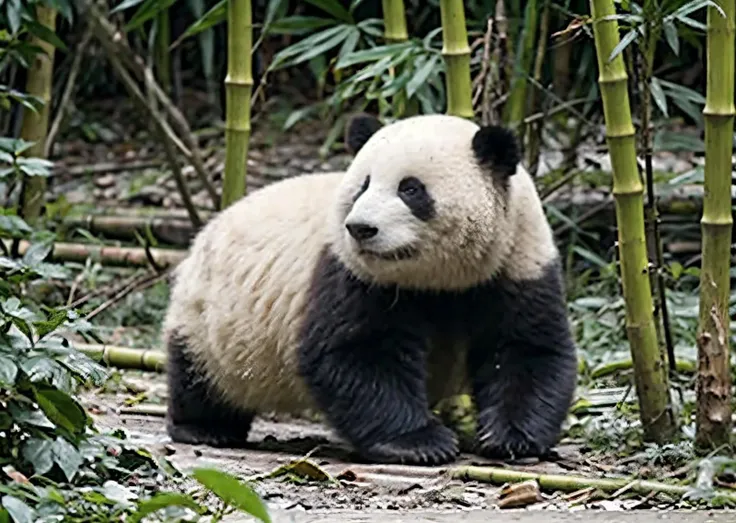 hehua,panda,fine - art photography, soft portrait shot 8k, mid length, ultrarealistic uhd faces, unsplash, kodak ultra max 800, 85 mm, intricate, Crawling, centered symmetrical composition, stunning photos, masterpiece, grainy, centered composition,solo:1.5,<lora:hehua_panda:0.7>,<lora:add_detail:0.4>,Bamboo Forest Background:1.3,Turn your back to the audience,animal