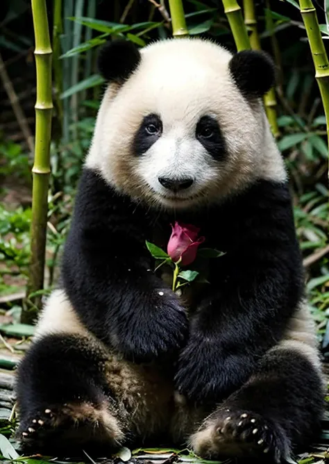 hehua,1panda,fine - art photography, soft portrait shot 8k, mid length, ultrarealistic uhd faces, unsplash, kodak ultra max 800, 85 mm, intricate, casual pose, centered symmetrical composition, stunning photos, masterpiece, grainy, centered composition,solo:1.5,<lora:hehua_panda:0.7>,<lora:add_detail:0.4>,Bamboo Forest Background:1.3,animal,Take a red rose in your upper limb:1.3,