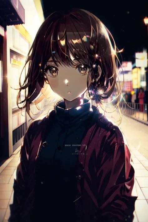 <lora:Niji:1>, girl, anime, looking at viewer, highly detailed, blurry background, nighttime, street, depth of field, brown hair, brown eyes, smooth, black sweater, (eyebrows_visible_through_hair:0.586), (galaxy:0.766)