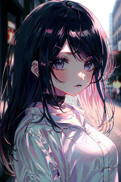 <lora:Niji:1>, girl, anime, looking at viewer, highly detailed, blurry background, depth of field, smooth, black hair, goth, black lip gloss, choker, (eyebrows_visible_through_hair:0.586)