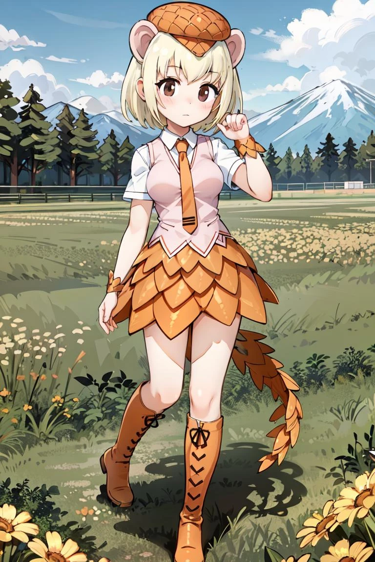 <lora:GiantPangolinKemonofriends_Oosenjankou:0.7>, SENCHAN,
1girl,solo,masterpiece, best quality,high quality,delicate facial features,4k,mishoujo,hyper_detail,game cg,finely detailed beautiful eyes and detailed face,lustrous skin,colorful
giant_pangolin_(kemono_friends), blonde hair, animal ears, brown eyes, tail, short hair, extra ears, animal print,
collared shirt, white shirt, pink vest, knee boots, orange necktie, orange skirt, hat, short sleeves, orange footwear, jaggy lines,
(looking_at viewer:1.3),(full_body:1.2), (standing:1.2), blush, closed mouth, hand up
(field:1.3),blue sky, cloud, mountain