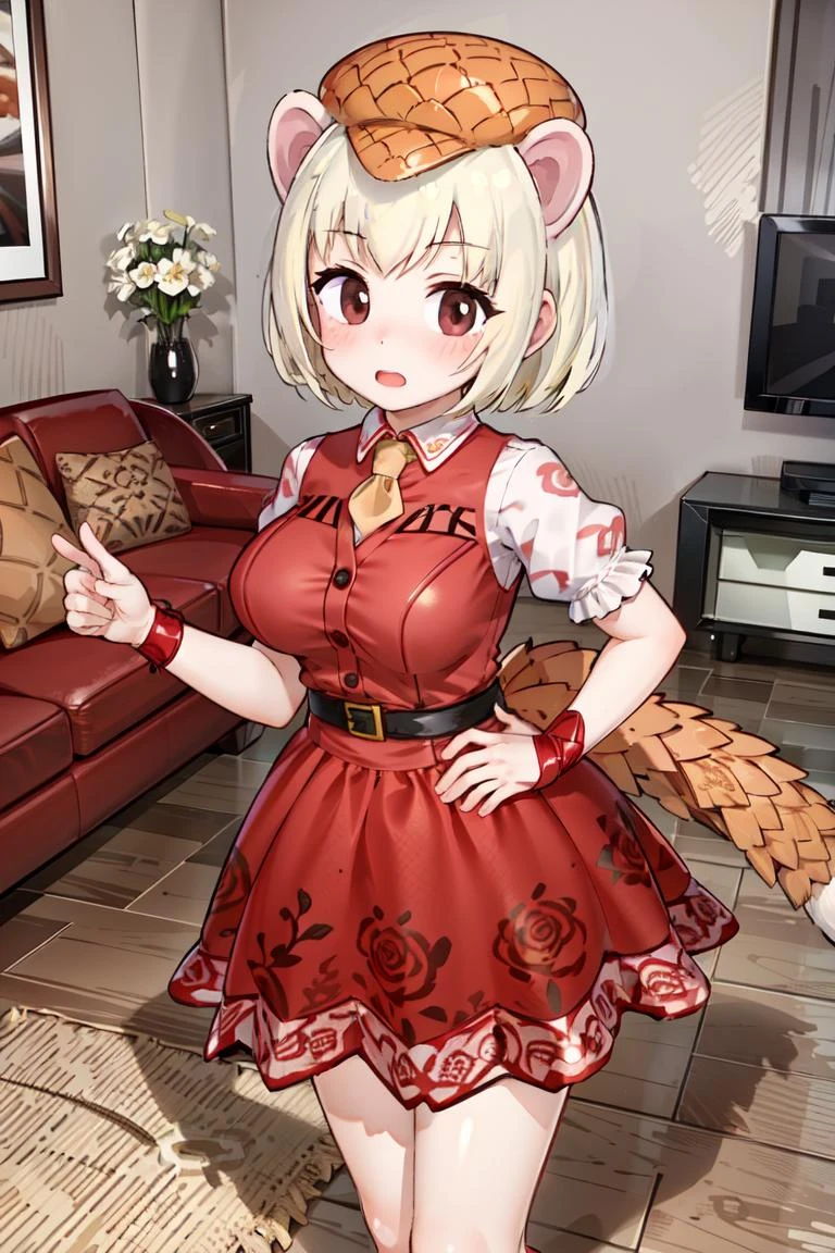 <lora:GiantPangolinKemonofriends_Oosenjankou:0.7>, SENCHAN_dress,
1girl,solo,masterpiece, best quality,high quality,delicate facial features,4k,mishoujo,hyper_detail,game cg,finely detailed beautiful eyes and detailed face,lustrous skin,colorful
giant_pangolin_(kemono_friends), blonde hair, animal ears, brown eyes, tail, short hair, extra ears, large breasts,
red dress, belt, (floral print:1.2), shoes, socks, short sleeves, pink sleeves,red footwear
(looking at viewer:1.3),(cowboy shot:1.2), (standing:1.2), blush, open mouth,
(living room:1.3)