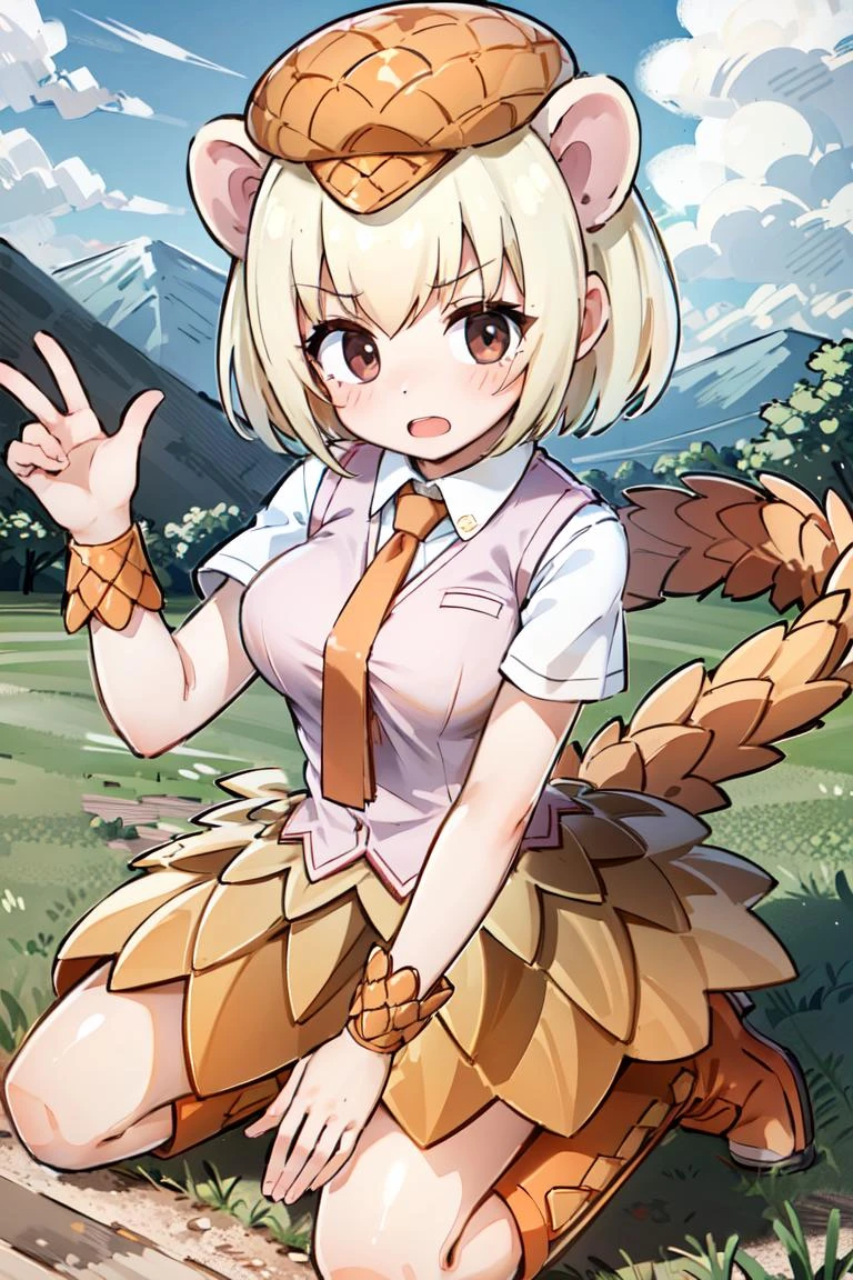 <lora:GiantPangolinKemonofriends_Oosenjankou:0.7>, SENCHAN,
1girl,solo,masterpiece, best quality,high quality,delicate facial features,4k,mishoujo,hyper_detail,game cg,finely detailed beautiful eyes and detailed face,lustrous skin,colorful
giant_pangolin_(kemono_friends), blonde hair, animal ears, brown eyes, tail, short hair, extra ears, animal print,
collared shirt, white shirt, pink vest, knee boots, orange_boots,orange necktie, orange skirt, short sleeves, orange footwear, jaggy lines, wristband,
(looking at viewer:1.3),(cowboy shot:1.2), (kneeling:1.2), blush, open mouth,frown
(field:1.3),blue sky, cloud, mountain