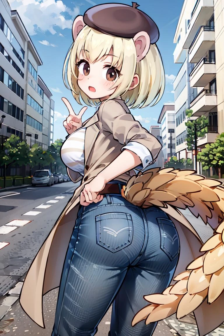 <lora:GiantPangolinKemonofriends_Oosenjankou:0.7>, SENCHAN_plainclothes,
1girl,solo,masterpiece, best quality,high quality,delicate facial features,4k,mishoujo,hyper_detail,game cg,finely detailed beautiful eyes and detailed face,lustrous skin,colorful
giant_pangolin_(kemono_friends), blonde hair, animal ears, brown eyes, tail, short hair, extra ears, large breasts,
jeans,pants, hat, denim, striped shirt, striped, shirt, coat, belt, beret,
(looking back:1.3),(cowboy shot:1.2), (standing:1.2), blush, open mouth,ass,leaning forward, ass focus,
(street:1.3),blue sky, cloud, building,