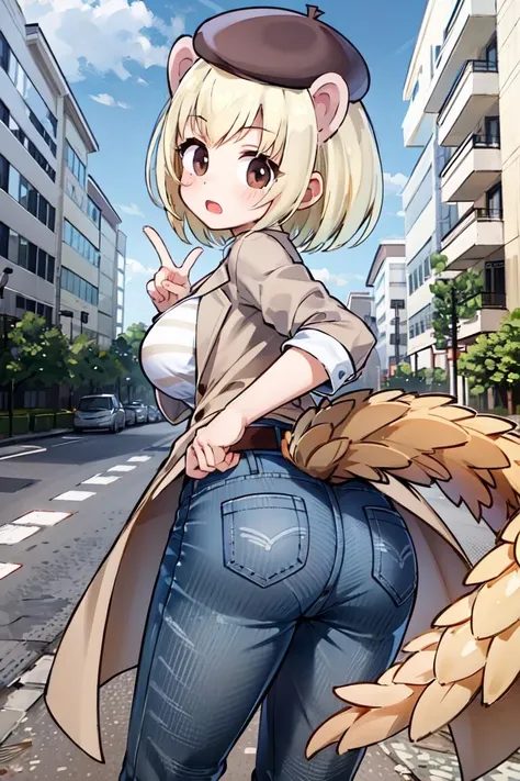 top quality, best quality, High-quality illustrations, masterpiece, super high resolution, detailed background, Crowded cityscape, absurdres, perfect anatomy(cute 1girl, warking, back view, kemono, furry anthro, Furry body, dog facial features, dog body features)(very detailed body fur)full body,