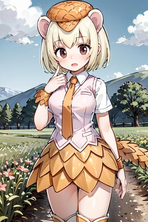 <lora:GiantPangolinKemonofriends_Oosenjankou:0.7>, SENCHAN,
1girl,solo,masterpiece, best quality,high quality,delicate facial features,4k,mishoujo,hyper_detail,game cg,finely detailed beautiful eyes and detailed face,lustrous skin,colorful
 giant_pangolin_(kemono_friends), blonde hair, animal ears, brown eyes, tail, short hair,  extra ears, animal print, 
collared shirt, white shirt, pink vest, knee boots, orange necktie, orange skirt, short sleeves, orange footwear, jaggy lines, 
(looking_at viewer:1.3),(cowboy shot:1.2), (standing:1.2), blush, open mouth, hand up, wristband, 
(field:1.3),blue sky, cloud, mountain