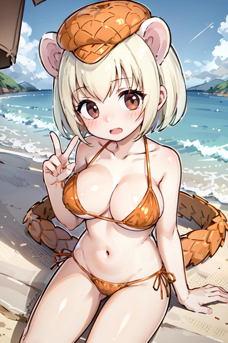 <lora:GiantPangolinKemonofriends_Oosenjankou:0.7>, SENCHAN_bikini,
1girl,solo,masterpiece, best quality,high quality,delicate facial features,4k,mishoujo,hyper_detail,game cg,finely detailed beautiful eyes and detailed face,lustrous skin,colorful
giant_pangolin_(kemono_friends), blonde hair, animal ears, brown eyes, tail, short hair, extra ears, large breasts,
navel, barefoot,orange bikini, side-tie bikini bottom, collarbone,
(looking at viewer:1.3),(cowboy shot:1.2), (sitting:1.2), blush, open mouth,
(beach:1.3),blue sky, cloud, building, mountain,