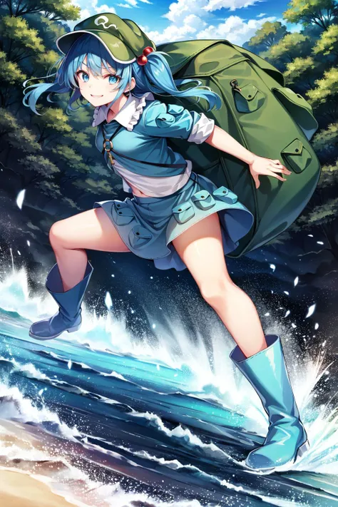 masterpiece, best quality, highres,
kawashiro nitori, <lora:nitori:1>, smile,
1girl,two side up, hat,hair bobbles,key,rubber boots,backpack,
posing, dynamic angle,
river, montain,