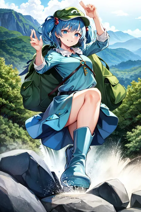 masterpiece, best quality, highres, 
kawashiro nitori, <lora:nitori:1>, smile,
1girl,two side up, hat,hair bobbles,key,rubber boots,backpack,
posing, dynamic angle,
river, montain,