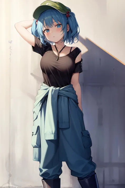 masterpiece, best quality, <lora:nitori:1>,1girl, solo, kawashiro nitori, two side up, blue eyes, blue hair, hat, hair ornament, clothes around waist, hair bobbles, strap slip, jacket around waist, tank top, short hair, pants, boots, breasts, squiggle, bare shoulders, arm behind head, blush, cleavage, looking at viewer, alternate costume, rubber boots, hand in pocket, medium breasts, off shoulder, arm up