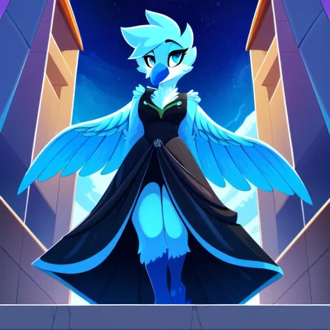 ((absurdres, high resolution)), best quality, 1girl, anthro, tweetfur, <lora:Tweetfur-v2:0.7>, blue beak, wings, winged-arms, detailed eyes, dress, detailed face,, Ground Level Shot