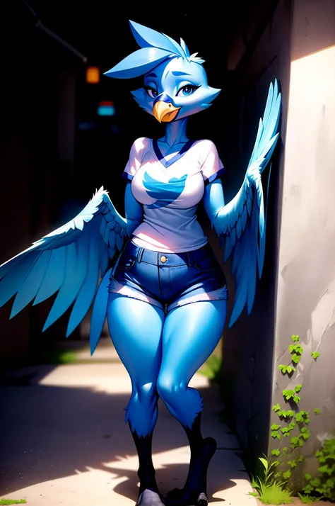 luV1, KaliV1, mativ1, female anthro, bird, blue jay, amber eyes , sexy pose , nude, avian feet, tail, winged arms, big breasts, nipples, white wide hips, beautiful bird girl, vagina ,perfect body,