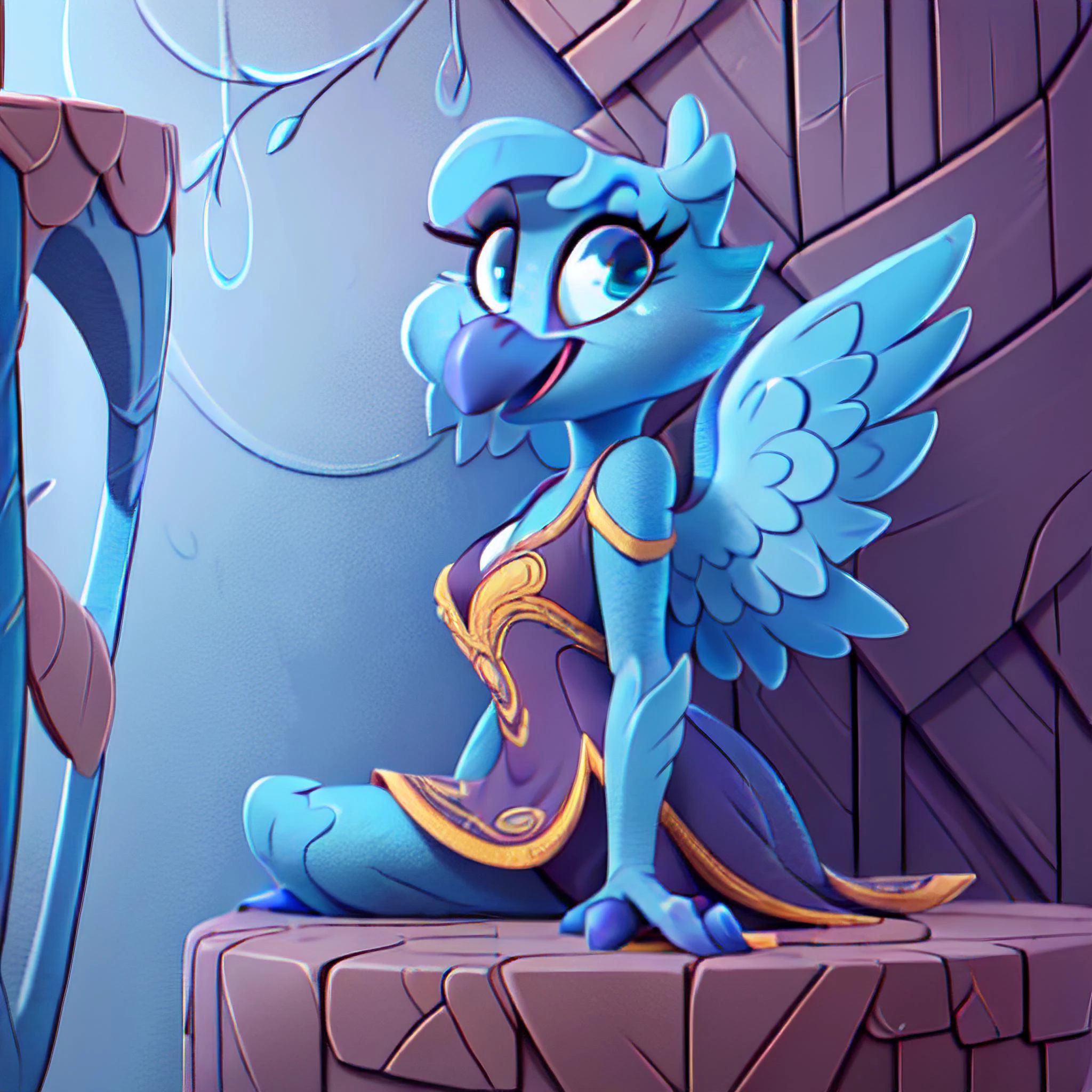 ((high details, detailed and intricate, intricate details, high intricate details, absurd amount of details, super resolution, ultra hd, megapixel, absurdres, high resolution)), best quality, 1girl, anthro, tweetfur, <lora:Tweetfur-v2:0.7>, blue beak, wings, winged arms, detailed eyes, dress, detailed face,, Ground Level Shot