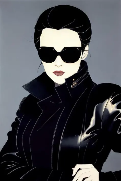 <lora:ptr1cknagel_v1:0.9>, (masterpiece art:1.1), (best quality), a woman with sunglasses and a black jacket, in the art style by Patrick Nagel, Beautiful, Erotic, highly detailed painting, (highly detailed ink lines), (Detailed Face), (Detailed Eyes:1.1), (perfect breasts), modelshoot, Professional Photography, official art, synthwave, androgynous, 8k, HD, high quality,  award winning,