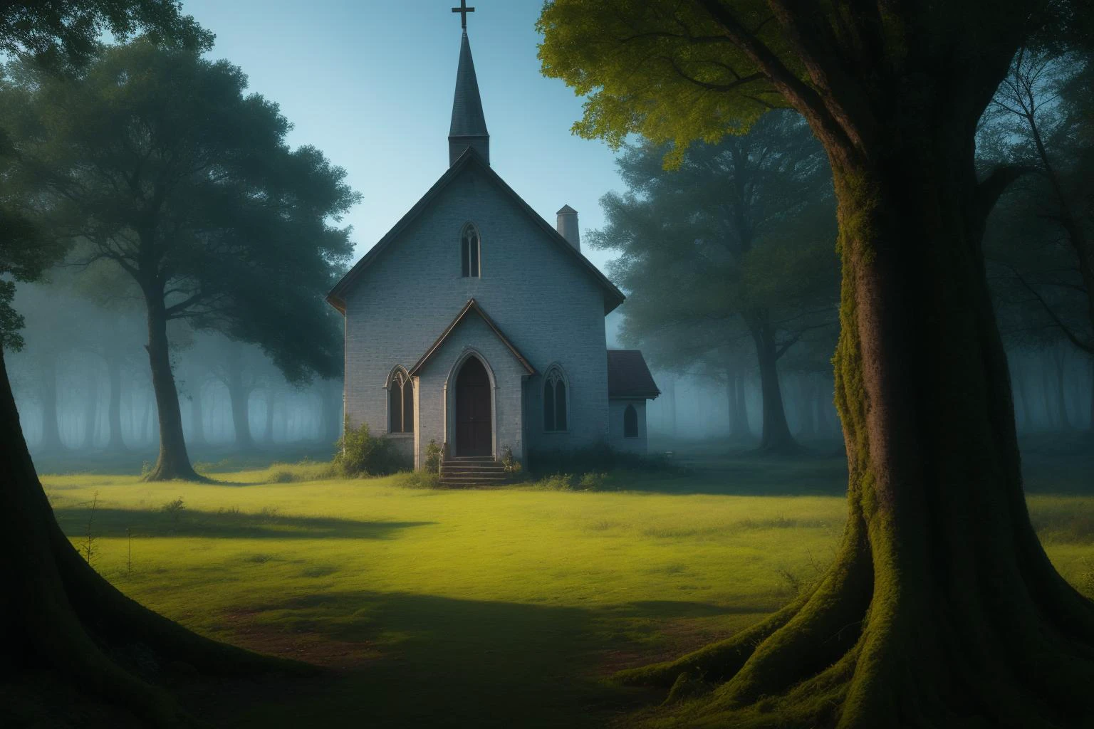 Masterpiece, highres, high quality, best quality,photo of a dark merky forest with an old church in a clearing