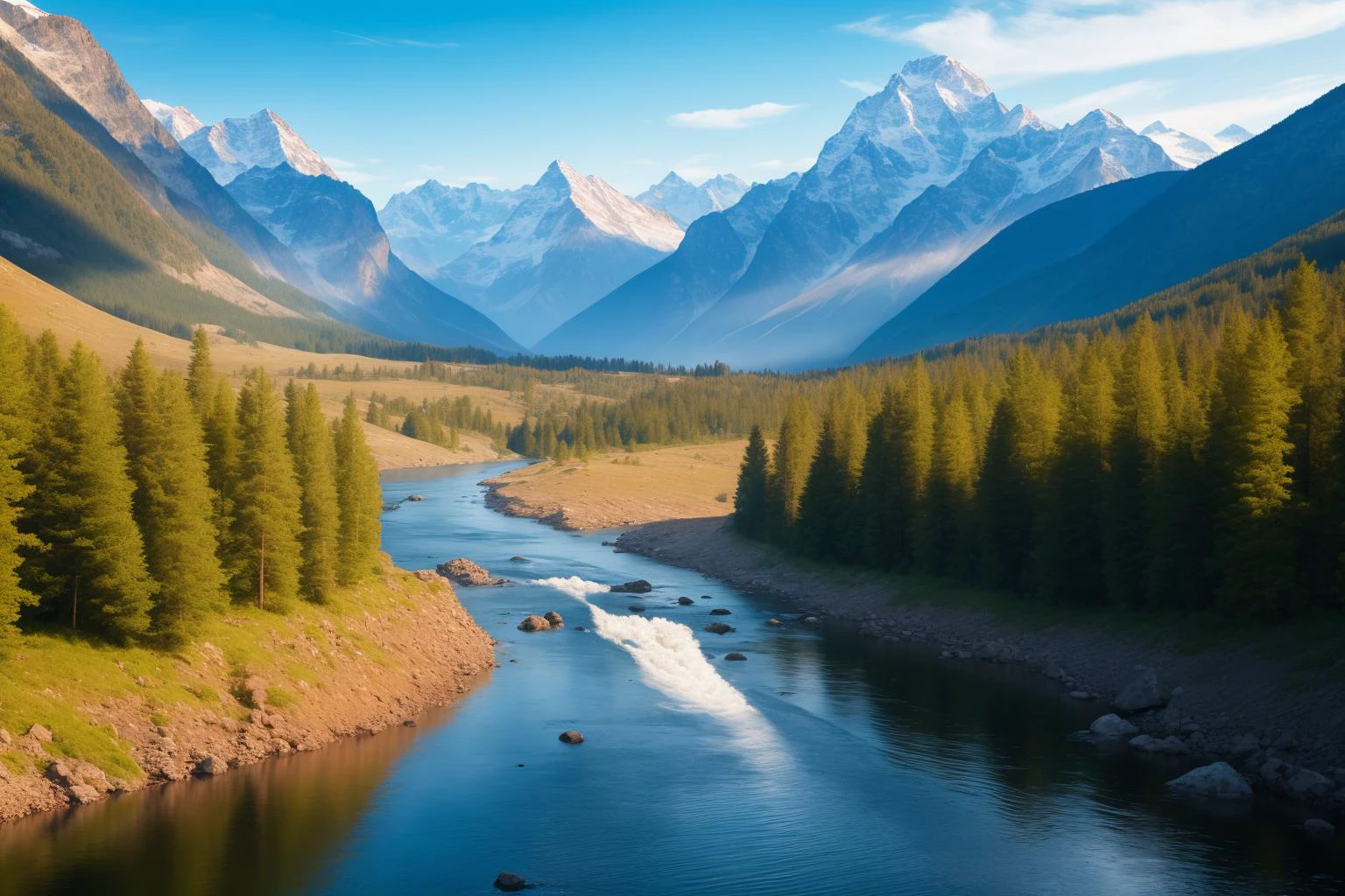 Masterpiece, highres, high quality, best quality,mountains with a river running down