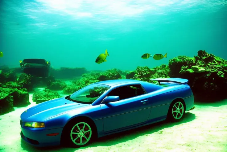 lomo style photograph of a car underwater at the coral reef