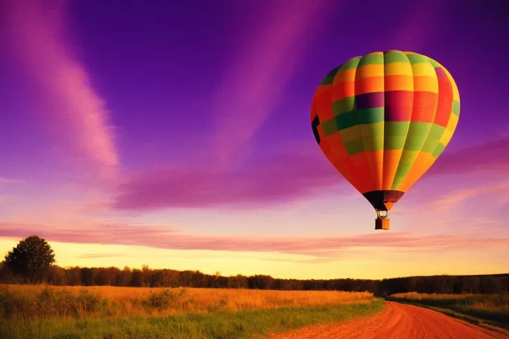 lomo style photograph midwest dirt road rolling hills colorful sunset skies clouds purple, a hot air balloon in the sky