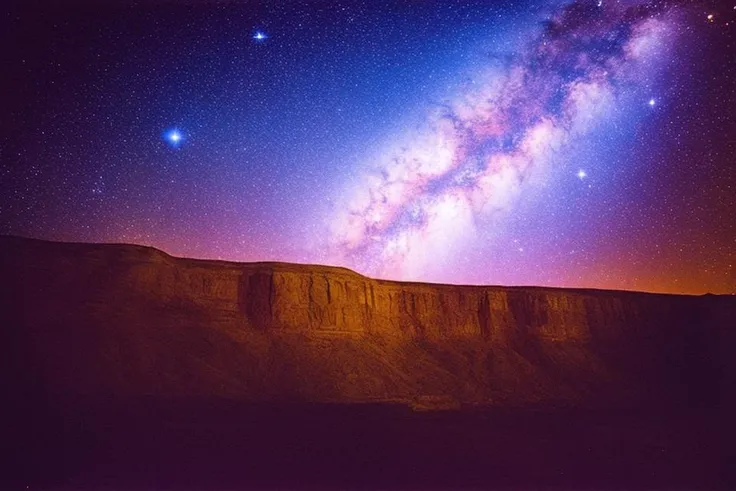 lomo style at night long exposure photograph of a mesa cliff, stars galaxy nebula