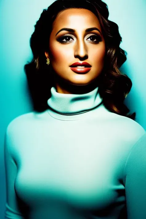 lomo style, award winning portrait, (Francia Raisa:1.1), wearing Turtleneck and (Midi Skirt:1.37), Mediterranean villa, lumen reflections, raining godrays, vivid, clean lines, clean brush strokes, 8k, trending on artstation