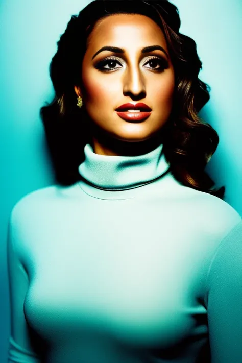 lomo style, award winning portrait, (Francia Raisa:1.1), wearing Turtleneck and (Midi Skirt:1.37), Mediterranean villa, lumen reflections, raining godrays, vivid, clean lines, clean brush strokes, 8k, trending on artstation