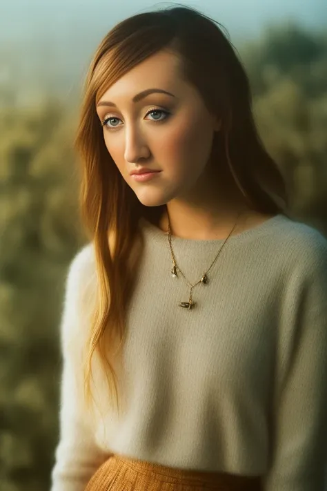lomo style, award winning portrait, (Noah Cyrus:1.1), wearing Sweater and Maxi Skirt, Mediterranean villa, soft smooth lighting, raining 8K, octane render, maya render, trending on artstation, art by artgerm and greg rutkowski and (alphonse:1.29) mucha