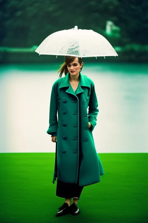 lomo style, award winning portrait, (Emma Watson:1.1), wearing (Pea coat:1.45), Mediterranean villa, lumen reflections, raining 8k, hd, high details, trending on artstation