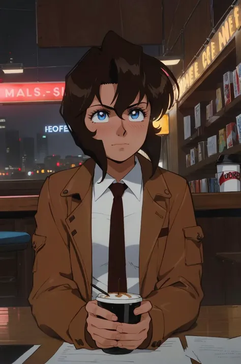 Anime character sitting at a table with a cup of coffee - SeaArt AI