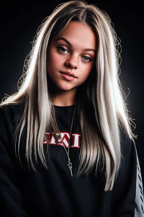 RAW photo of (kesbroek_v1c:0.99), closeup portrait, (oversized flannel shirt with biker shorts), (perfect hair), posing, (plain dark background), (analog, film, film grain:1.3), ((detailed eyes)), (seductive pose) <lora:LowRA:0.6>