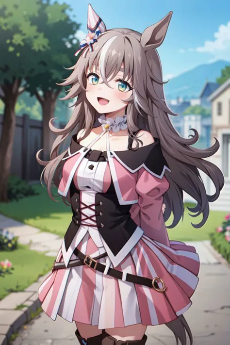 <lora:wonder_acute_loha:0.8> wonder acute \(umamusume\),large breasts,choker, black gloves, fingerless gloves, detached sleeves, puffy long sleeves, frilled sleeves, pink dress, frills, pink jacket, striped skirt, black pantyhose, brown footwear, knee boots, high heel boots,horse tail,masterpiece, best quality, hyper detailed, ultra detailed,masterpiece, high quality, alternate costume,ultra-detailed,clear skin, (masterpiece, best quality, ultra detailed, detailed background, complex background), (perfect face, detailed face), perfect anatomy,{highres} ,cowboy shot, smile,open mouth,  mouth,blush,outdoors,floral background,flower ,arms behind back,