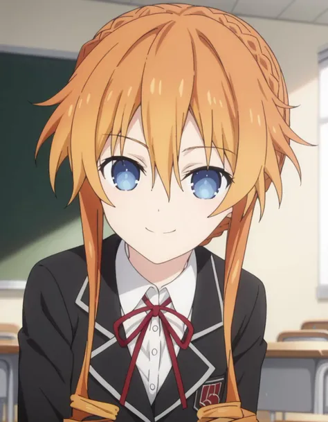 score_9, score_8_up, score_7_up, source_anime,
kaguyayuzuruyamai, <lora:kaguya-yuzuru-yamai-s4s5-ponyxl-lora-nochekaiser:1>,
kaguya yuzuru yamai, blue eyes, hair between eyes, sidelocks, orange hair, drill hair, short hair with long locks, french braid, braid,
shirt, long sleeves, ribbon, school uniform, jacket, white shirt, collared shirt, red ribbon, black jacket, neck ribbon, blazer,
indoors, classroom, bent over, smile,
looking at viewer, solo, cowboy shot, dutch angle,