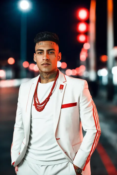 portrait of sks man (lgante:1) in the street with a white suit and red tshirt, very detailed face, high quality, in the night, 8k <lora:lgante:1>
